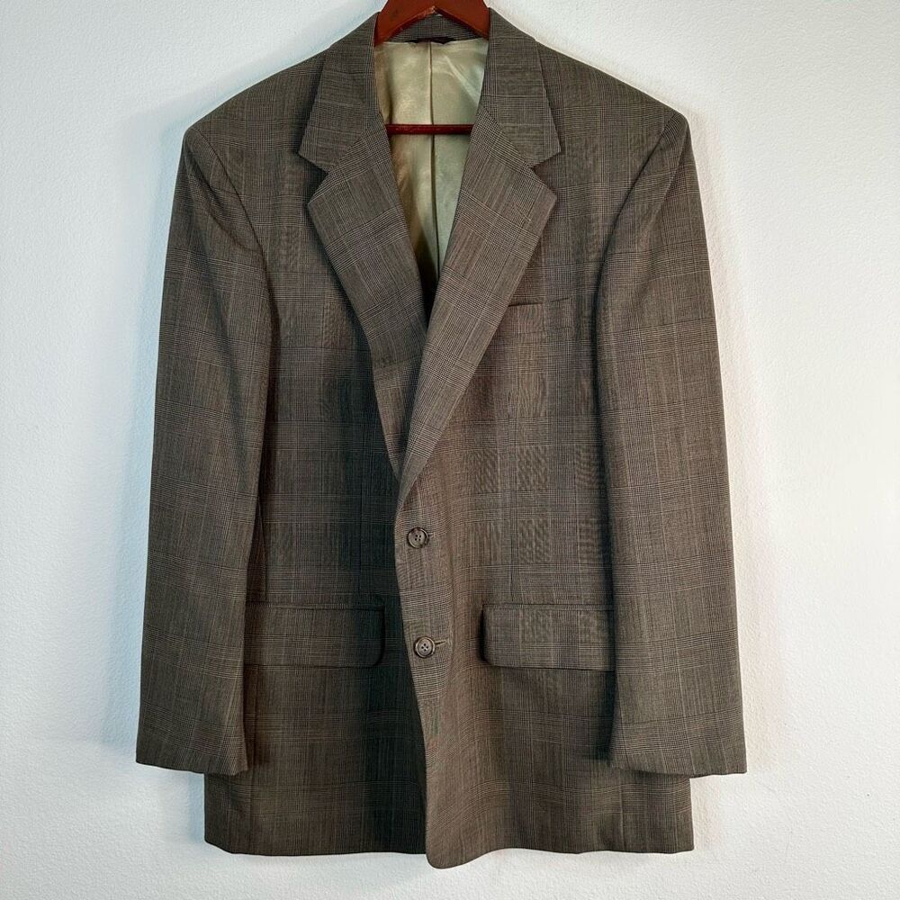 Savile Row Tan Wool Houndstooth Plaid Blazer Sport Coat Mens 44 Preppy Heritage